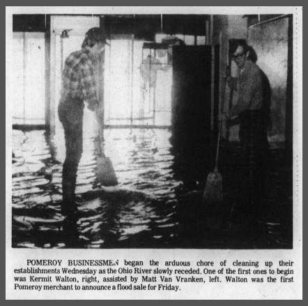 The Daily Sentinel on March 1, 1979 shows business owners cleaning up after the Ohio River flooded into Pomeroy, Ohio. (Photo Courtesy: Meigs County Library History Site)