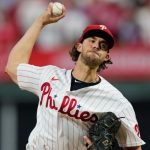 Aaron Nola pitches at home for the Philadelphia Phillies.