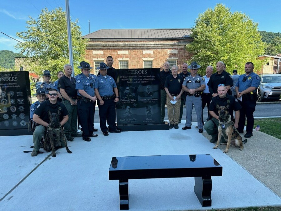 A monument has been built to honor the officers - Prestonsburg Police Captain Ralph Frasure, Floyd County Sheriff's Deputy William Petry, and Prestonsburg Police Officer Jacob Chaffins and Floyd County Sheriff's Office K-9 Drago - who were killed in an ambush shooting on June 30, 2022 (Photo Courtesy: Floyd County Sheriff John Hunt)
